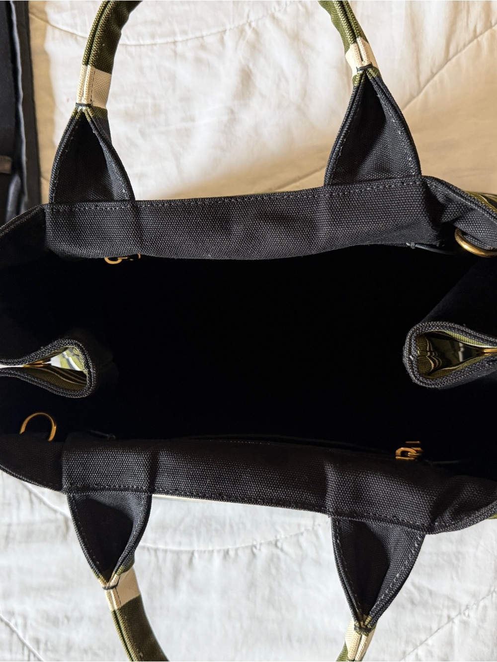 Prada Medium Green, Black & White Stripe Canapa Canvas Tote - Picture 5 of 8